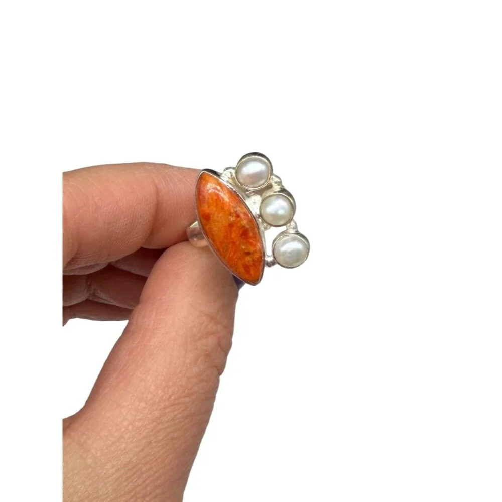 Orange Mohave Turquoise & Freshwater Pearl Ring Size 6 Solid 925 Sterling Silver